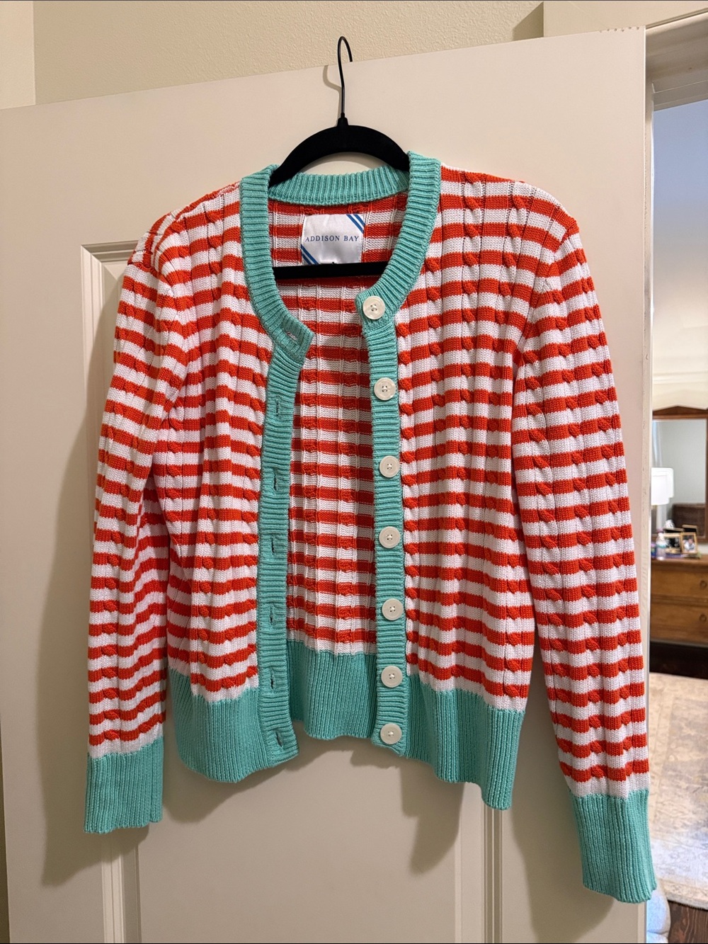 Addison Bay Coral and Mint Striped Button-Up Cardigan - Picture 3 of 3